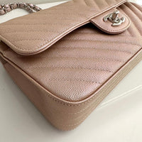 CHANEL Metallic Caviar Chevron Quilted Medium Double Flap Light Gold