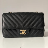 CHANEL Caviar Black Chevron Classic Flap Mini GHW