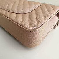 CHANEL Metallic Caviar Chevron Quilted Medium Double Flap Light Gold