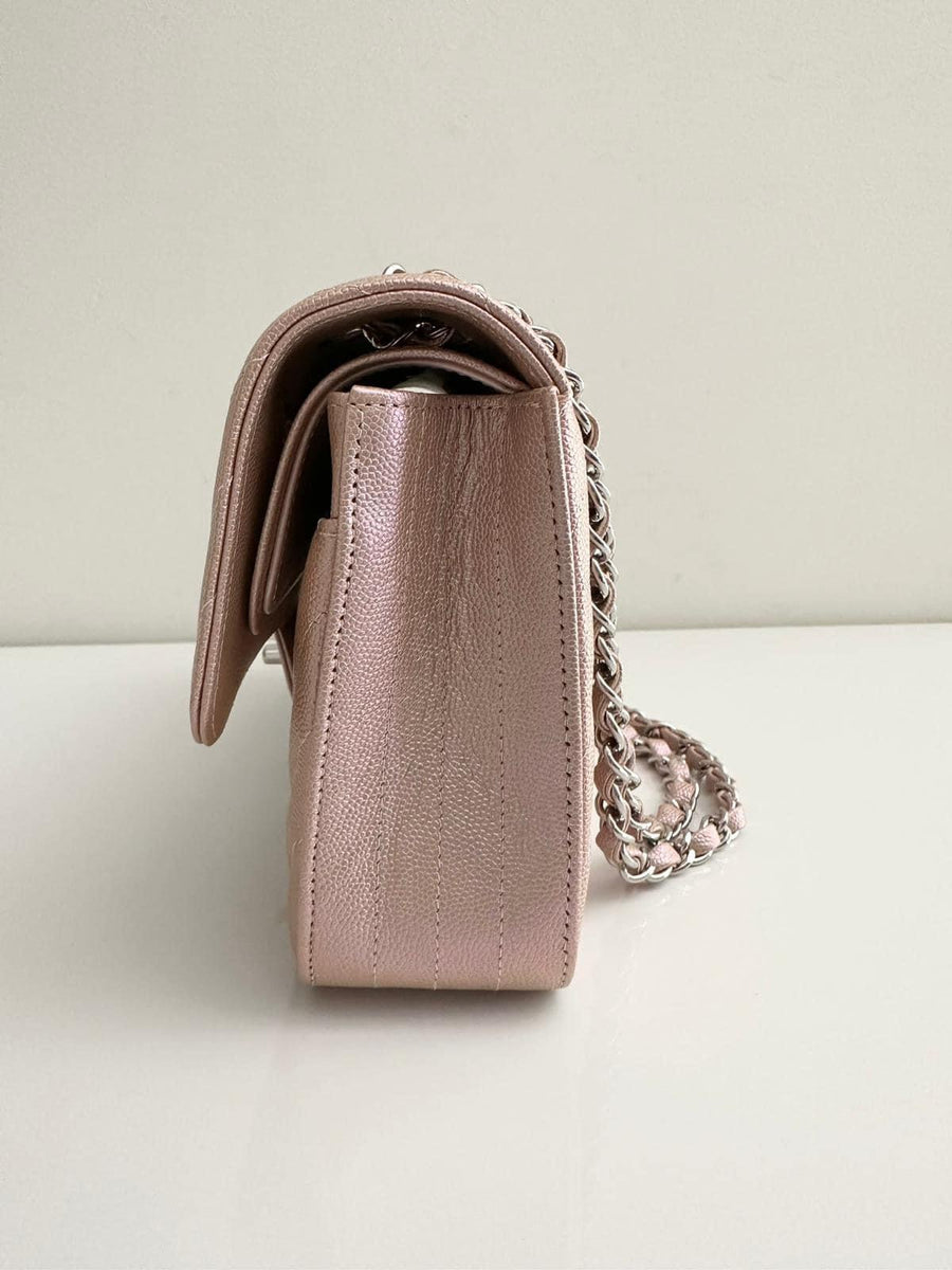 CHANEL Metallic Caviar Chevron Quilted Medium Double Flap Light Gold