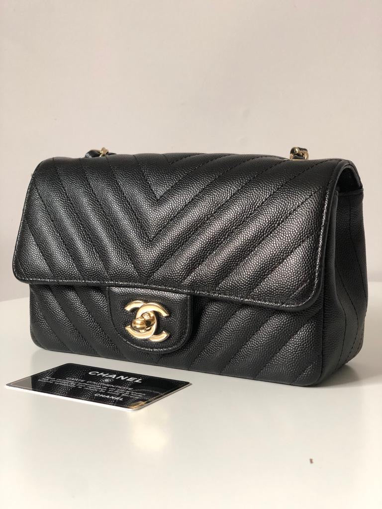 CHANEL Caviar Black Chevron Classic Flap Mini GHW