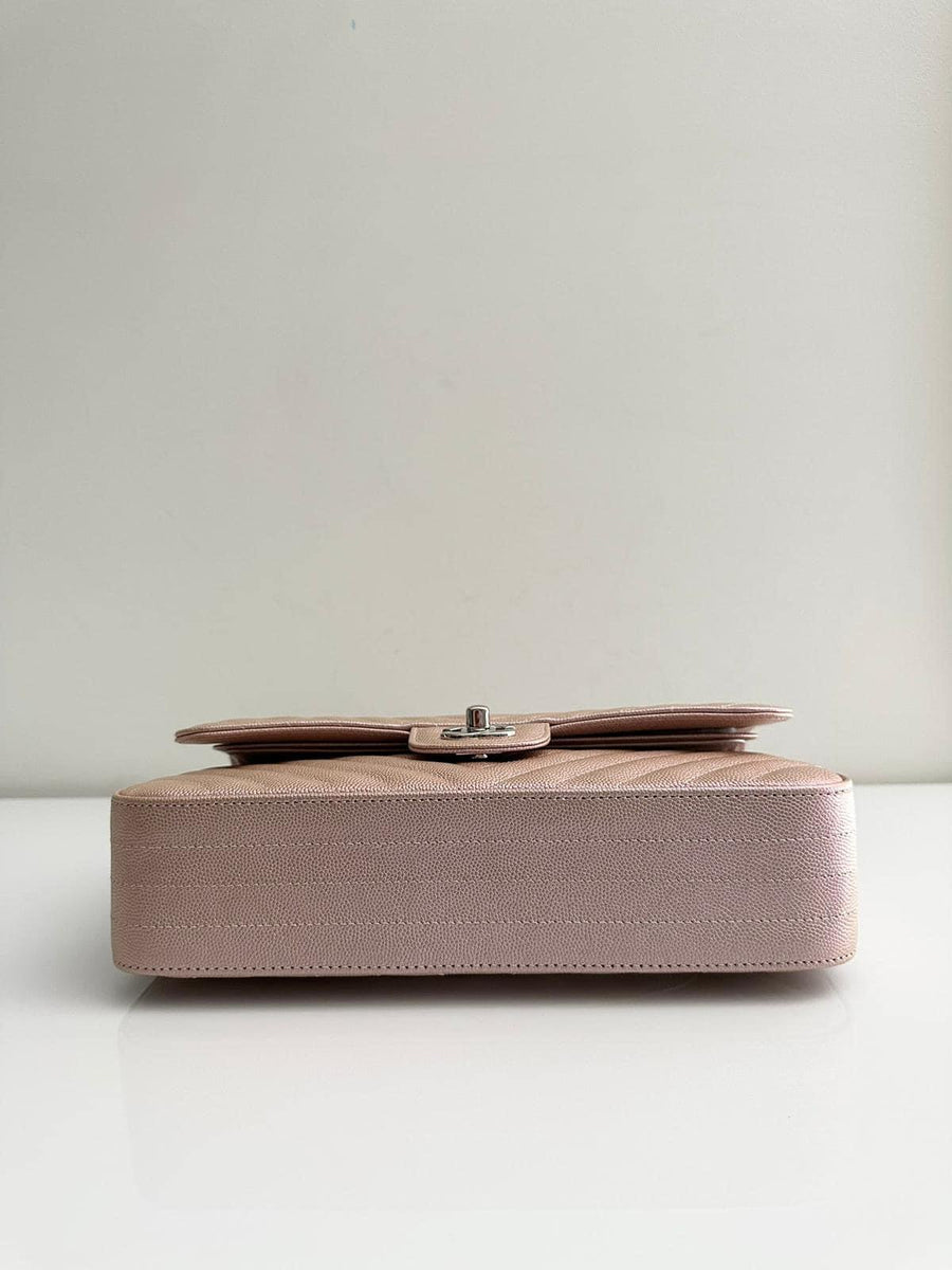 CHANEL Metallic Caviar Chevron Quilted Medium Double Flap Light Gold