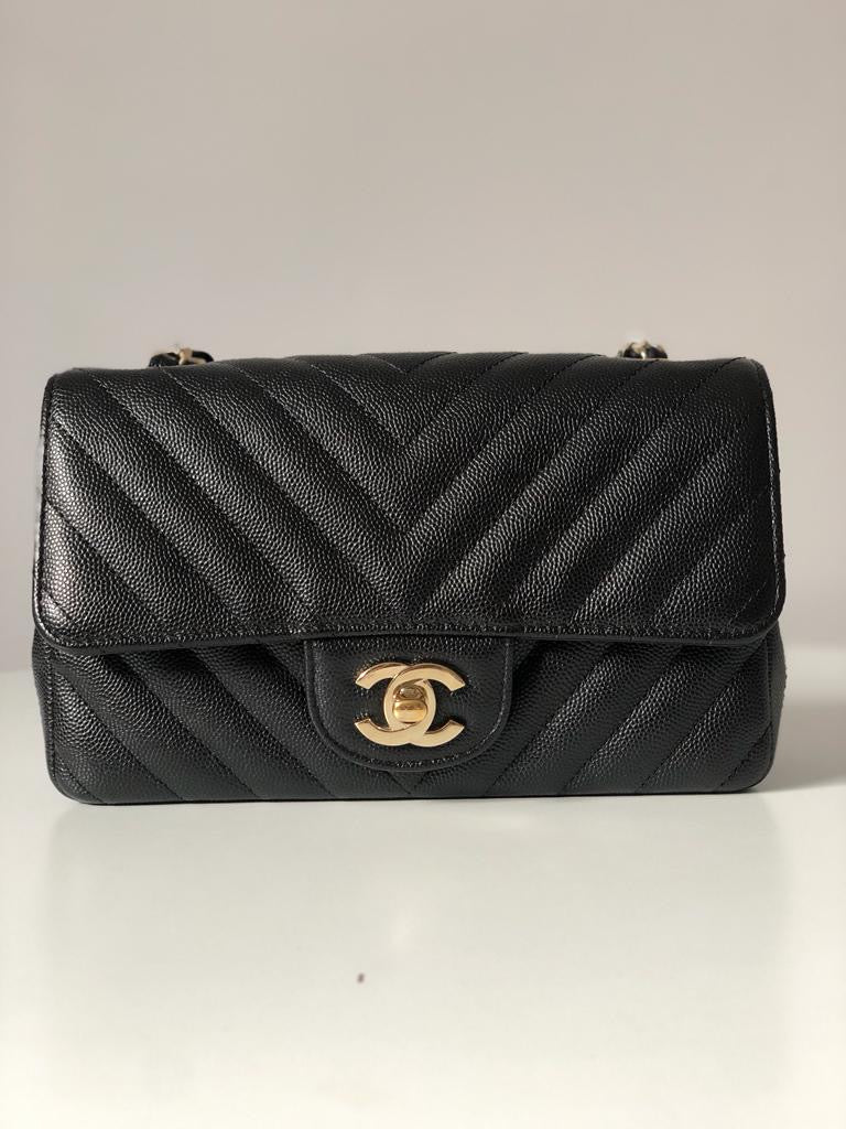 CHANEL Caviar Black Chevron Classic Flap Mini GHW