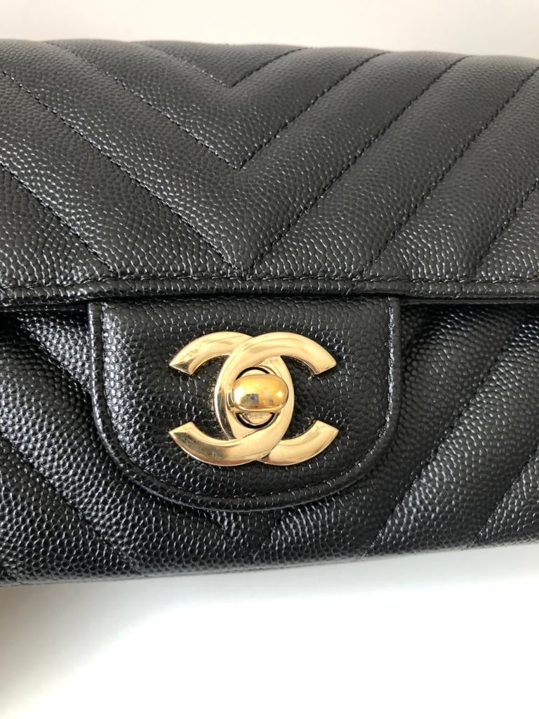 CHANEL Caviar Black Chevron Classic Flap Mini GHW