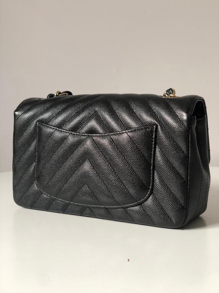 CHANEL Caviar Black Chevron Classic Flap Mini GHW