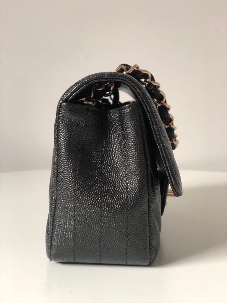 CHANEL Caviar Black Chevron Classic Flap Mini GHW