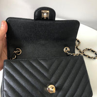 CHANEL Caviar Black Chevron Classic Flap Mini GHW