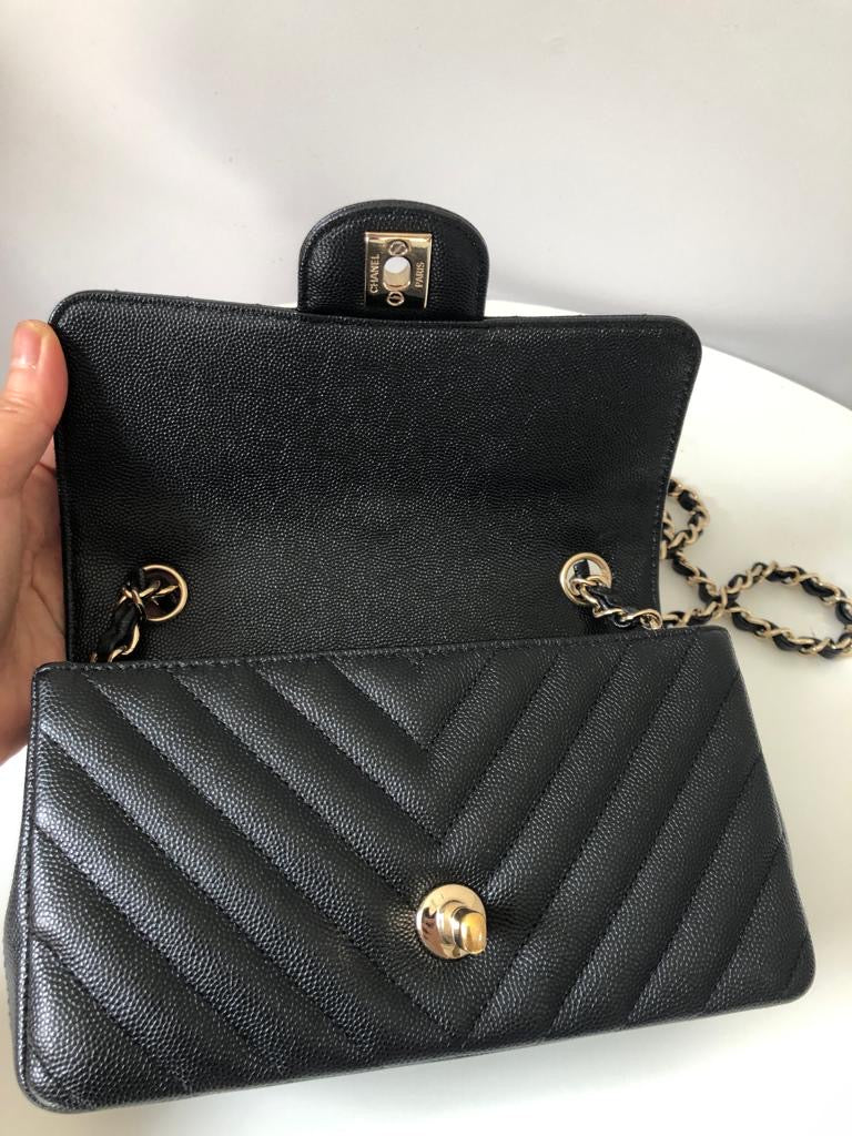 CHANEL Caviar Black Chevron Classic Flap Mini GHW