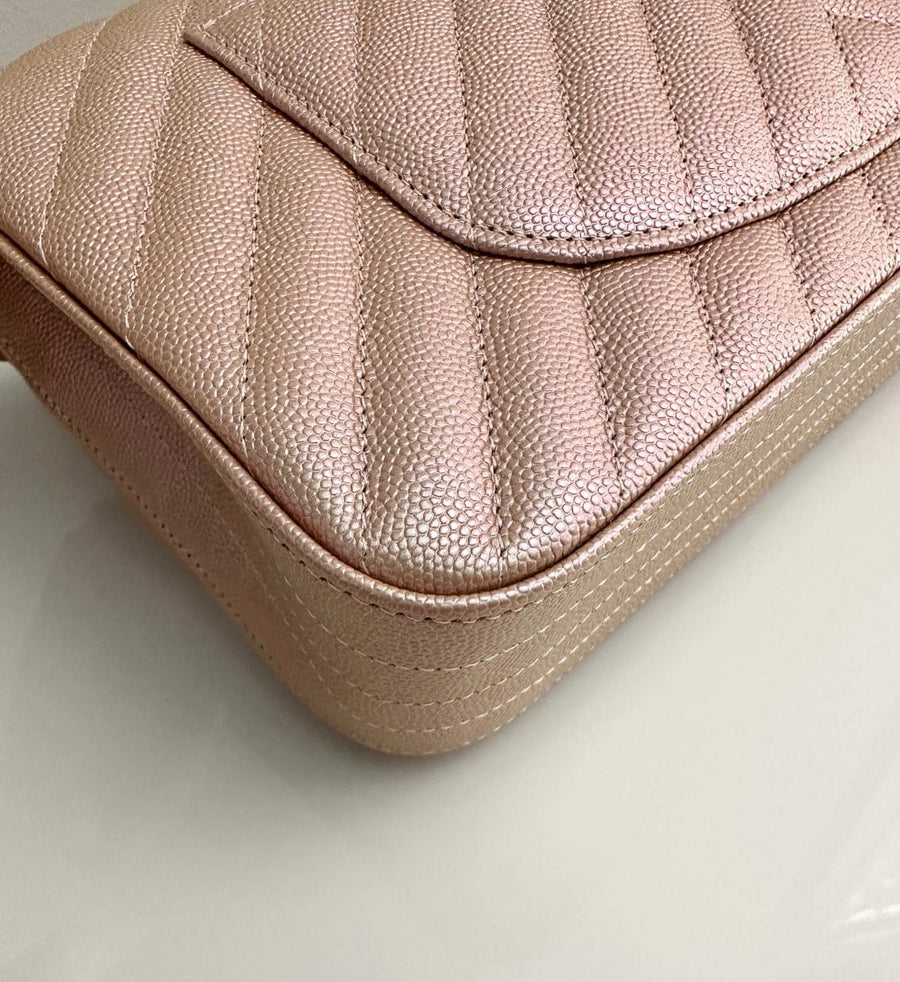 CHANEL Metallic Caviar Chevron Quilted Medium Double Flap Light Gold