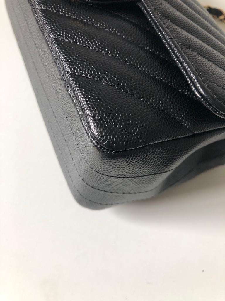 CHANEL Caviar Black Chevron Classic Flap Mini GHW
