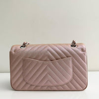 CHANEL Metallic Caviar Chevron Quilted Medium Double Flap Light Gold