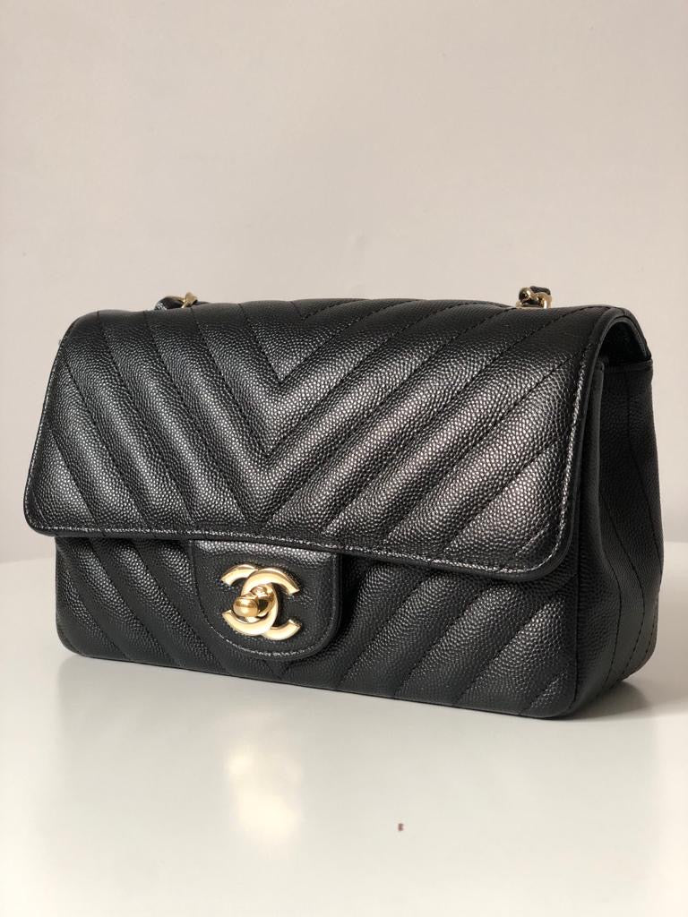 CHANEL Caviar Black Chevron Classic Flap Mini GHW