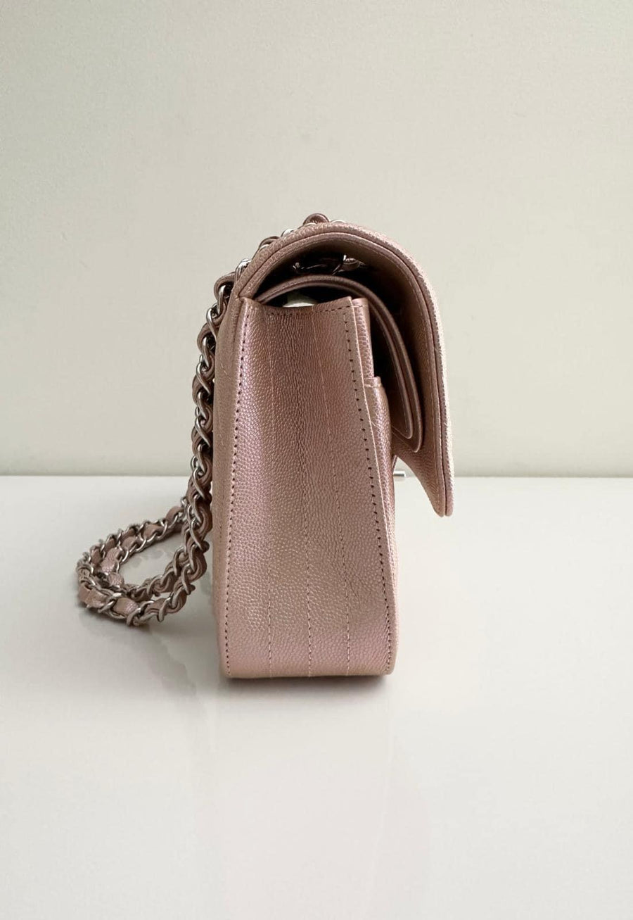 CHANEL Metallic Caviar Chevron Quilted Medium Double Flap Light Gold