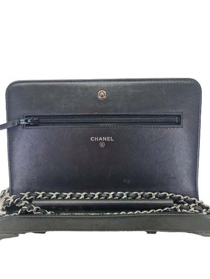 Dark Slate Gray CHANEL Wallet On Chain WOC Silver & Black