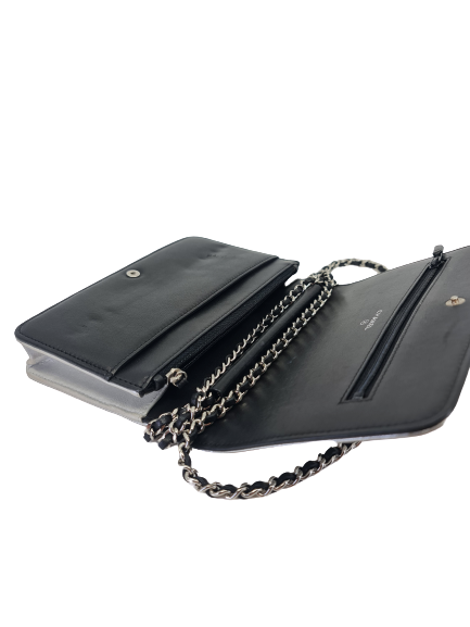 Dim Gray CHANEL Wallet On Chain WOC Silver & Black
