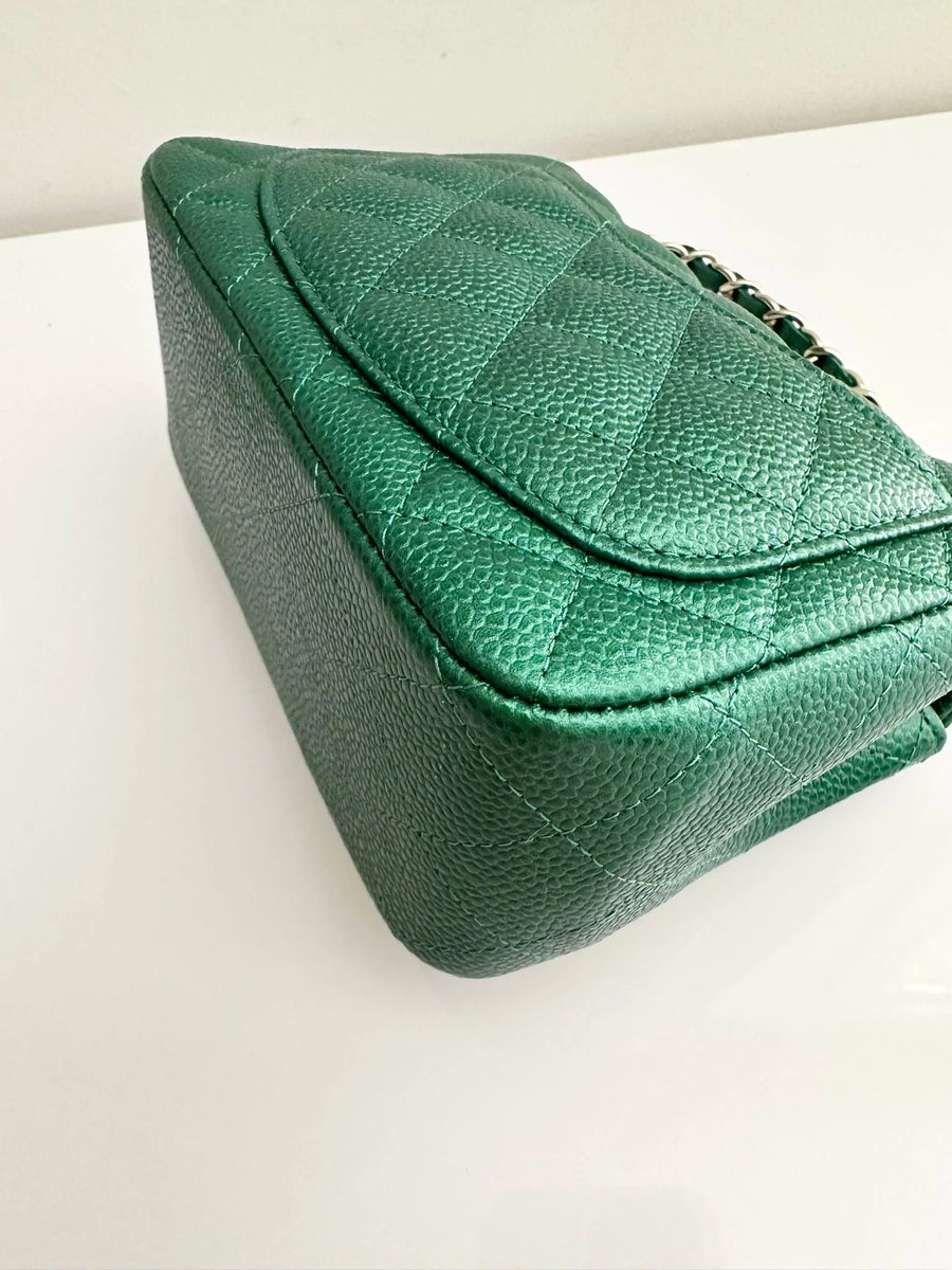 CHANEL Classic Mini Caviar Flap 18s Emerald Green Light Gold Hardware