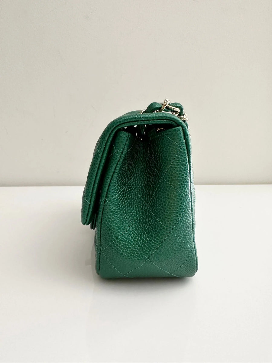CHANEL Classic Mini Caviar Flap 18s Emerald Green Light Gold Hardware