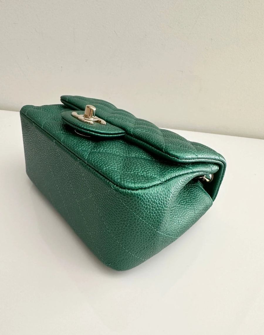 CHANEL Classic Mini Caviar Flap 18s Emerald Green Light Gold Hardware