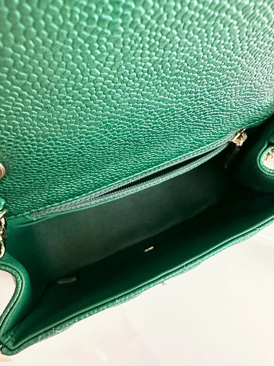 CHANEL Classic Mini Caviar Flap 18s Emerald Green Light Gold Hardware