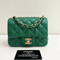 CHANEL Classic Mini Caviar Flap 18s Emerald Green Light Gold Hardware