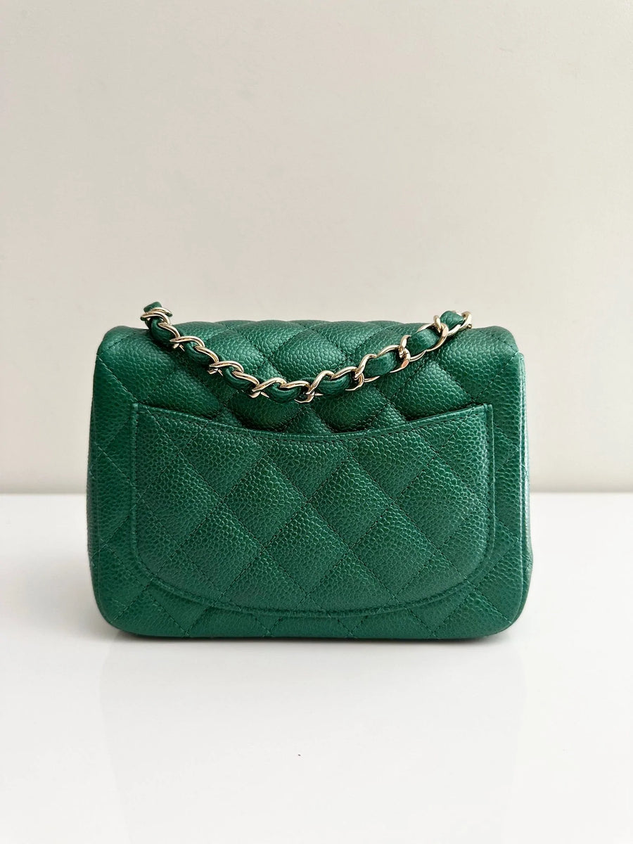CHANEL Classic Mini Caviar Flap 18s Emerald Green Light Gold Hardware