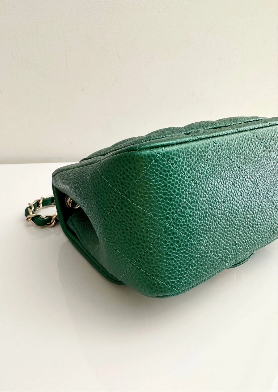 CHANEL Classic Mini Caviar Flap 18s Emerald Green Light Gold Hardware